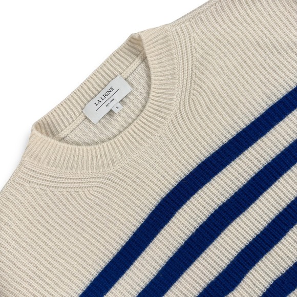 La Ligne Sweaters - La Ligne Sweater Womens S Cream Blue Striped 100% Cashmere Ribbed Pullover